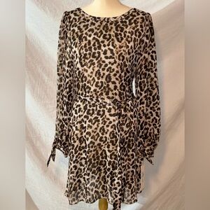 Leopard Print Long Sleeve Tie-Waist Dress - Ivory & Brown